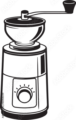 Black and white line art illustration of a manual coffee grinder with a crank handle and adjustable grind setting