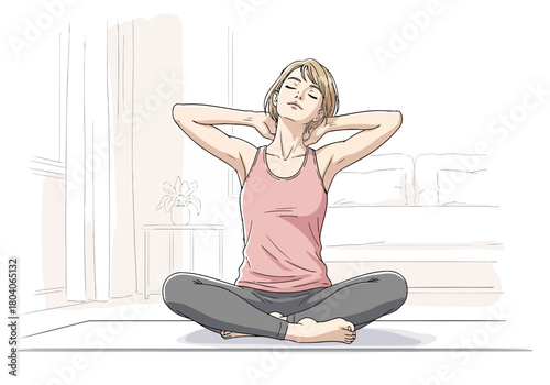 Illustration of a young woman with short blonde hair sits in a crosslegged yoga pose, stretching her neck with her hands behind her head, eyes closed in relaxation