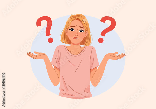 Illustration of young woman shrugging shoulders with question marks, expressing confusion and uncertainty, isolated on a light background