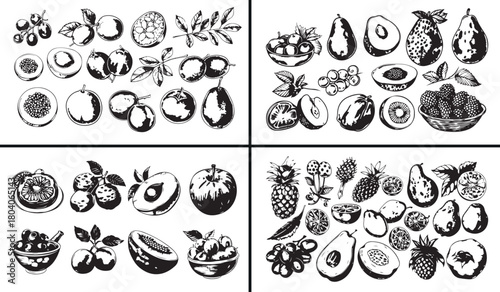 fruit and vegetable drawing set, hand drawn organic food illustration, healthy produce vector, vintage fruit artwork, farm fresh design, botanical food collection, kitchen cooking clipart, eco nutriti