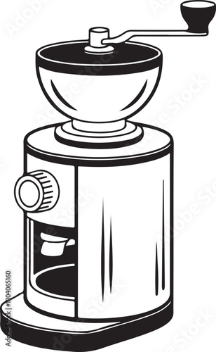 Black and white line art illustration of a manual coffee grinder with a crank handle manual grinder