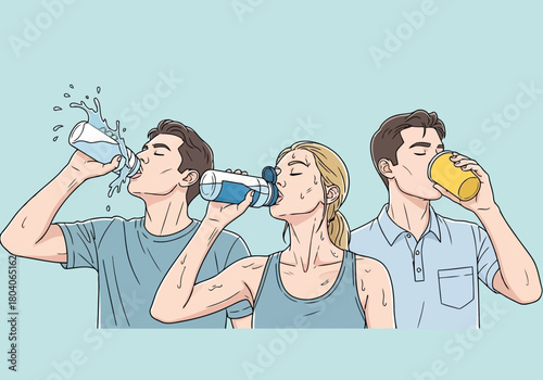 Illustration of three people drinking water from bottles and a cup, staying hydrated on a light blue background