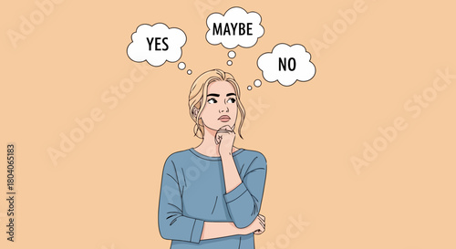 Illustration of a woman is thinking about a decision, with thought bubbles showing yes, maybe, and no options