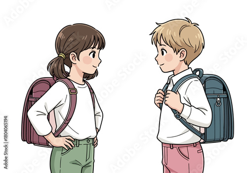 Illustration of two young children, a boy and a girl, wearing backpacks and looking at each other