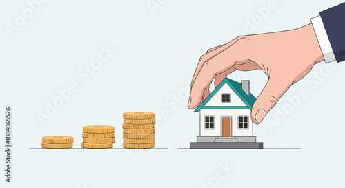 Illustration of hand placing a house on stacked coins, symbolizing real estate investment and financial growth