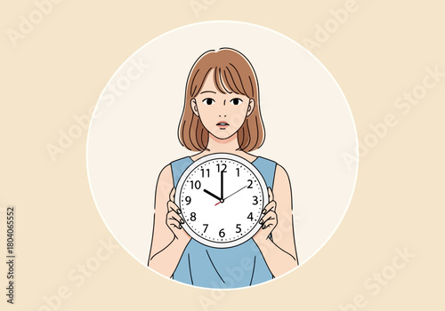 Illustration of young woman holding a clock showing almost 10 oclock, concept of time management and deadline pressure