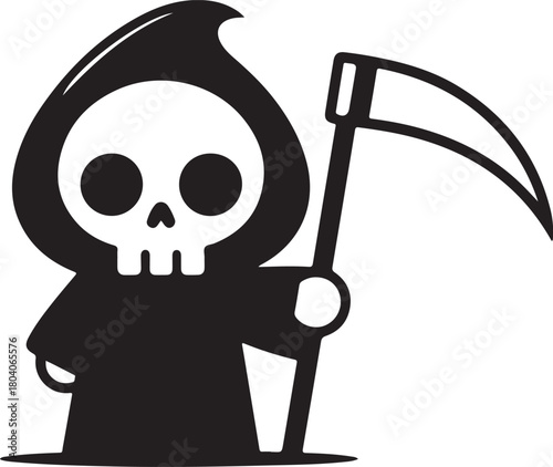 Black and white minimalist illustration of a cute grim reaper character holding a scythe