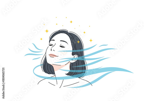 Illustration of young woman with eyes closed, breathing deeply and feeling refreshed, with sparkling stars and flowing air