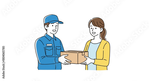 Illustration of a friendly delivery person in a blue uniform hands a package to a smiling woman