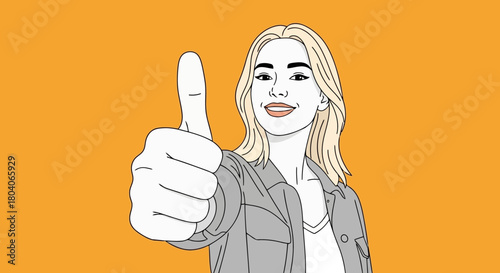Illustration of young woman with blonde hair giving a thumbs up gesture, smiling confidently against a vibrant orange background, conveying positivity and approval