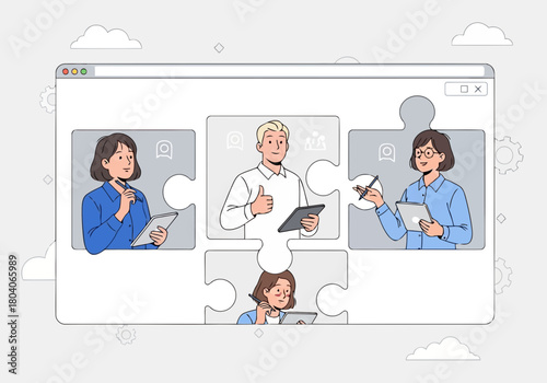 Illustration of teamwork puzzle illustration showing diverse people collaborating on a project within a browser window interface