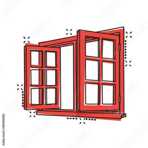 Illustration of open red window with six panes on each side, , comic book style illustration