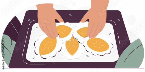 Homemade cakes dough in the women's hands. Process of making pies, hand. Cooks dough for baking, pieces of raw dough. Womans hands rolling doughs for pies. Baking at home.