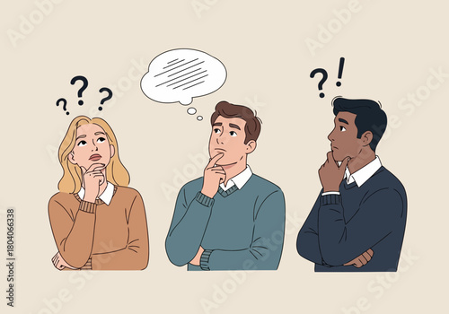 Illustration of three diverse people, a woman and two men, thinking with question marks and a thought bubble above their heads