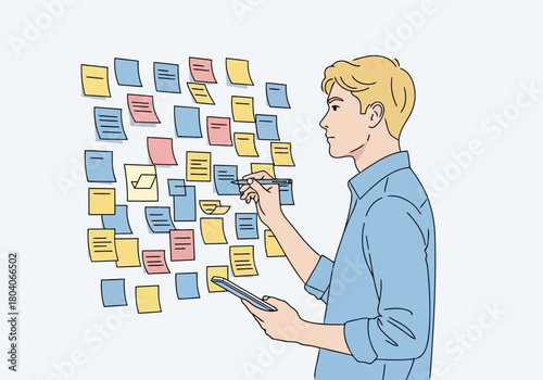 Illustration of young man in a blue shirt writing on sticky notes on a wall, planning and organizing tasks, business strategy concept