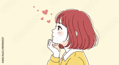Illustration of a young girl with short red hair, looking up with a thoughtful expression, surrounded by floating pink hearts, against a soft yellow background