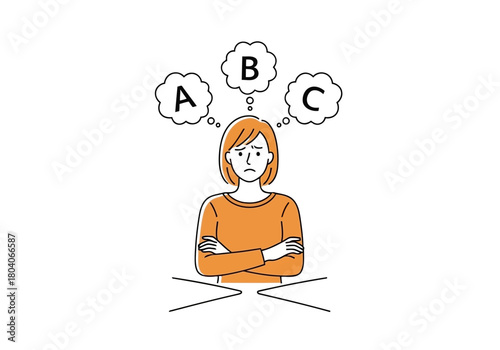 Illustration of a woman with arms crossed, thinking about options a, b, and c