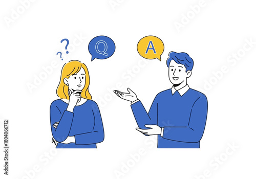Illustration of man explaining something to a woman, question and answer concept