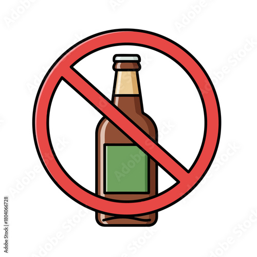 Illustration of no alcohol symbol, prohibition sign with a beer bottle inside