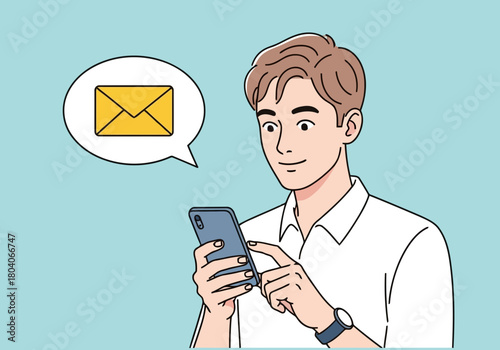 Illustration of young man holding a smartphone and touching the screen, with an email icon in a speech bubble above him, conveying communication and messaging