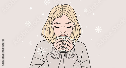 Illustration of a young woman with blonde hair wearing a cozy sweater, holding a warm mug of a hot drink, with snowflakes falling around her in a gentle winter scene