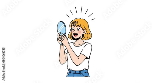 Illustration of young woman with short blonde hair looking at herself in a hand mirror, smiling and happy