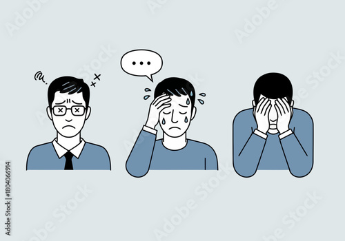 Illustration of three men showing different stages of emotional distress, sadness, and mental breakdown, with one looking dizzy and another crying