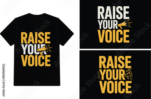 Black t shirt mockup with a gold raise your voice protest design