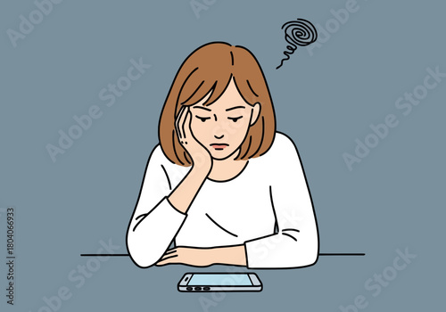 Illustration of young woman sitting at a table with a smartphone in front of her, looking bored and frustrated with a swirl of thoughts above her head