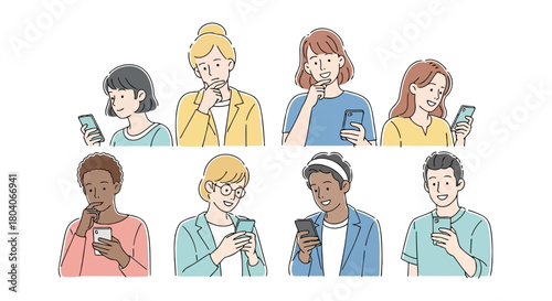 Illustration of diverse group of people of various ages and ethnicities using their smartphones