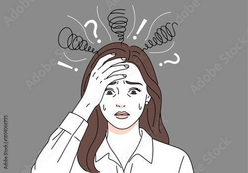 Illustration of a woman with a distressed expression, holding her forehead, with chaotic thoughts represented by scribbles and question marks above her head, illustrating anxiety and confusion