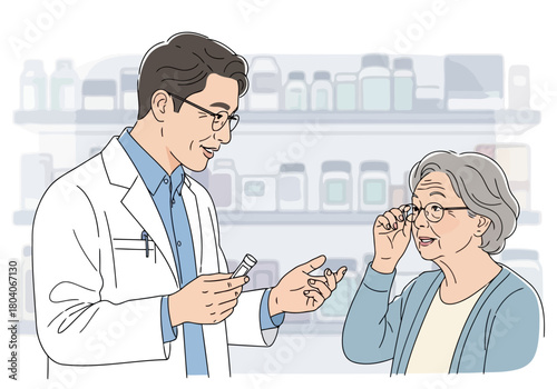 Illustration of a male pharmacist in a white coat is showing a bottle of medicine to an elderly female customer who is trying on glasses in a pharmacy