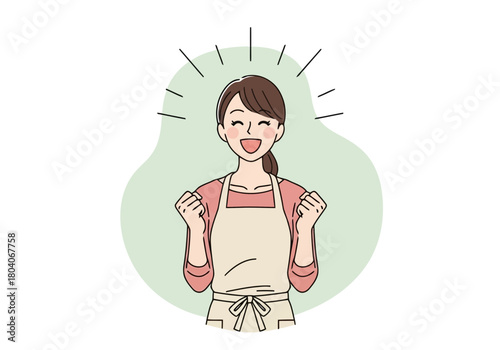 Illustration of a happy woman wearing an apron, celebrating with clenched fists and a wide smile