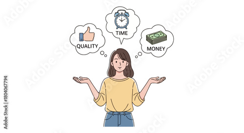 Illustration of woman balancing quality, time, and money in her decision making process
