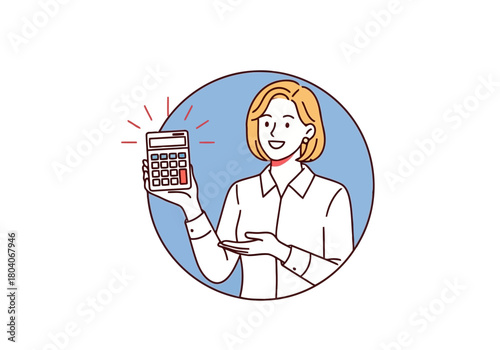 Illustration of a smiling woman with blonde hair holds up a calculator, representing financial calculation and accounting