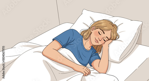 Illustration of young woman sleeping peacefully in bed, covered with a white blanket, resting her head on a pillow