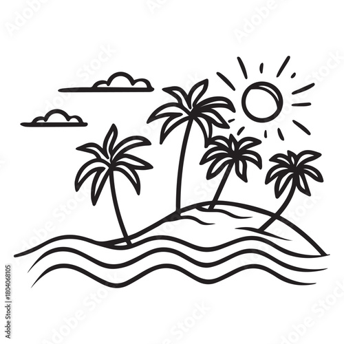 a sunny island with palm trees Line art of  surrounded by water.