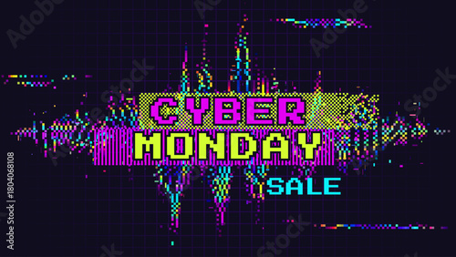 Cyber Monday Glitch Banner with Pixel Noise Effect