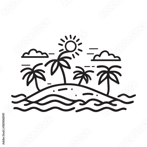 a sunny island with palm trees Line art of  surrounded by water.