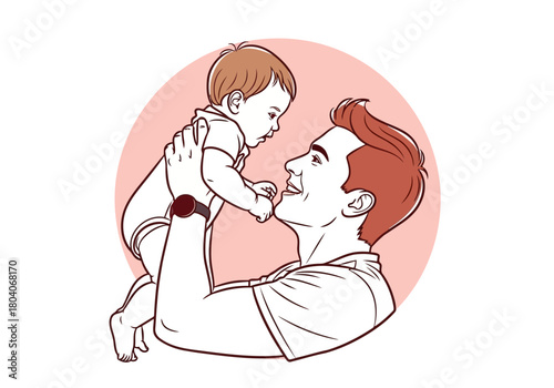 Illustration of father holding his baby son up in the air, smiling at each other, celebrating family love and connection
