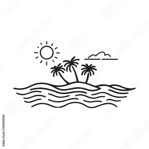 a sunny island with palm trees Line art of  surrounded by water.
