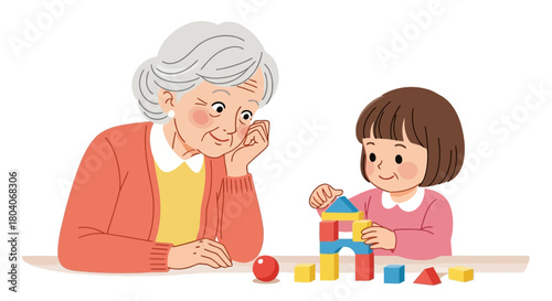 Illustration of an elderly woman watches a young girl happily playing with colorful building blocks on a table