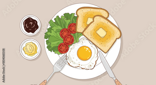 Illustration of a delicious breakfast plate with a fried egg, toast, butter, lettuce, tomatoes, and two small bowls of condiments, ready to be eaten