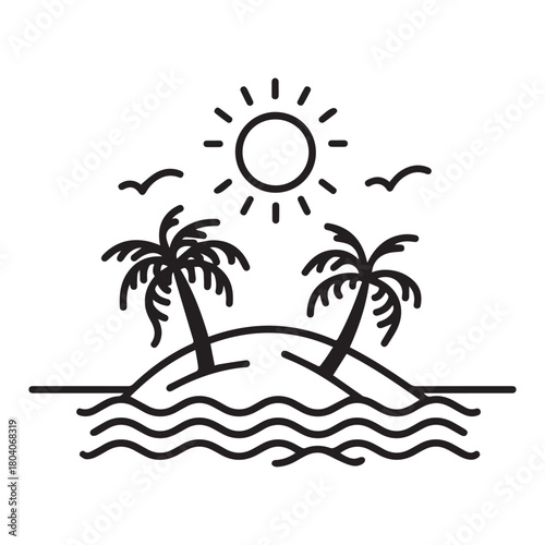 a sunny island with palm trees Line art of  surrounded by water.