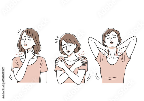 Illustration of a woman experiencing discomfort in her neck, shoulders, and chest