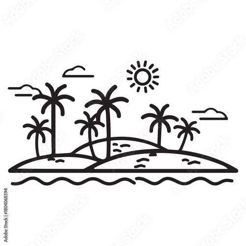 a sunny island with palm trees Line art of  surrounded by water.