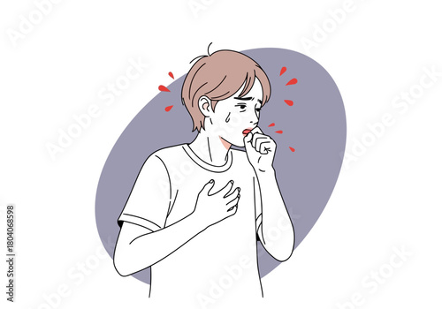Illustration of a young person with brown hair, wearing a white tshirt, is coughing into their fist, with red particles flying out
