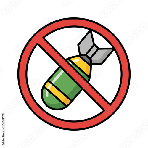 Illustration of a cartoon illustration of a bomb crossed out in a red prohibition sign, symbolizing peace and antiwar sentiment