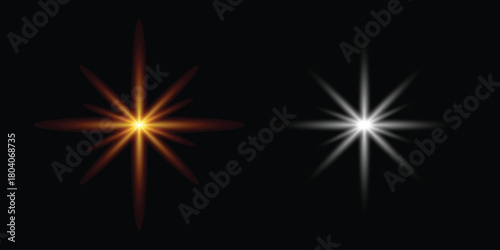Two Luminous Stars with Radiating Rays in Gold and White on a Black Background