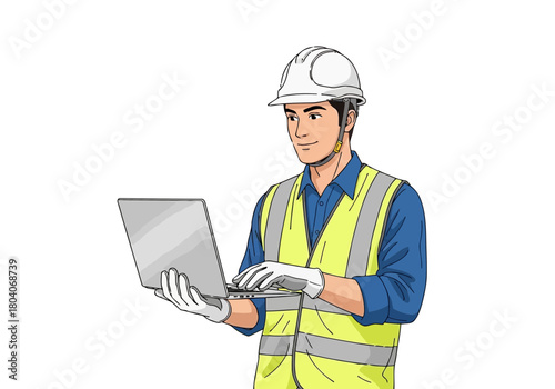 Illustration of a male construction worker wearing a hard hat and safety vest, holding and typing on a laptop computer